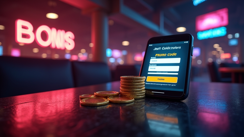 Pantalla de casino con un código promocional y luces doradas